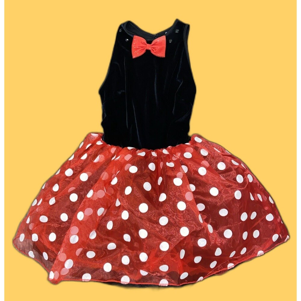 Disney Minnie Mouse Tutu Dress Youth Large Red White Black Bow Stretchy Fabric
